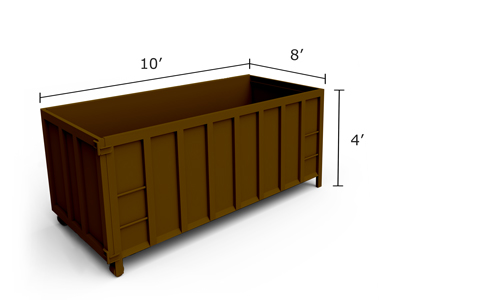 10-yard roll-off dumpster measuring 10 feet wide and 4 feet tall.