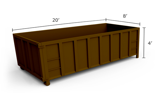 20-yard roll-off dumpster measuring 20 feet wide and 4 feet tall.