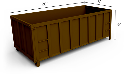 30-yard roll-off dumpster measuring 20 feet wide and 6 feet tall.
