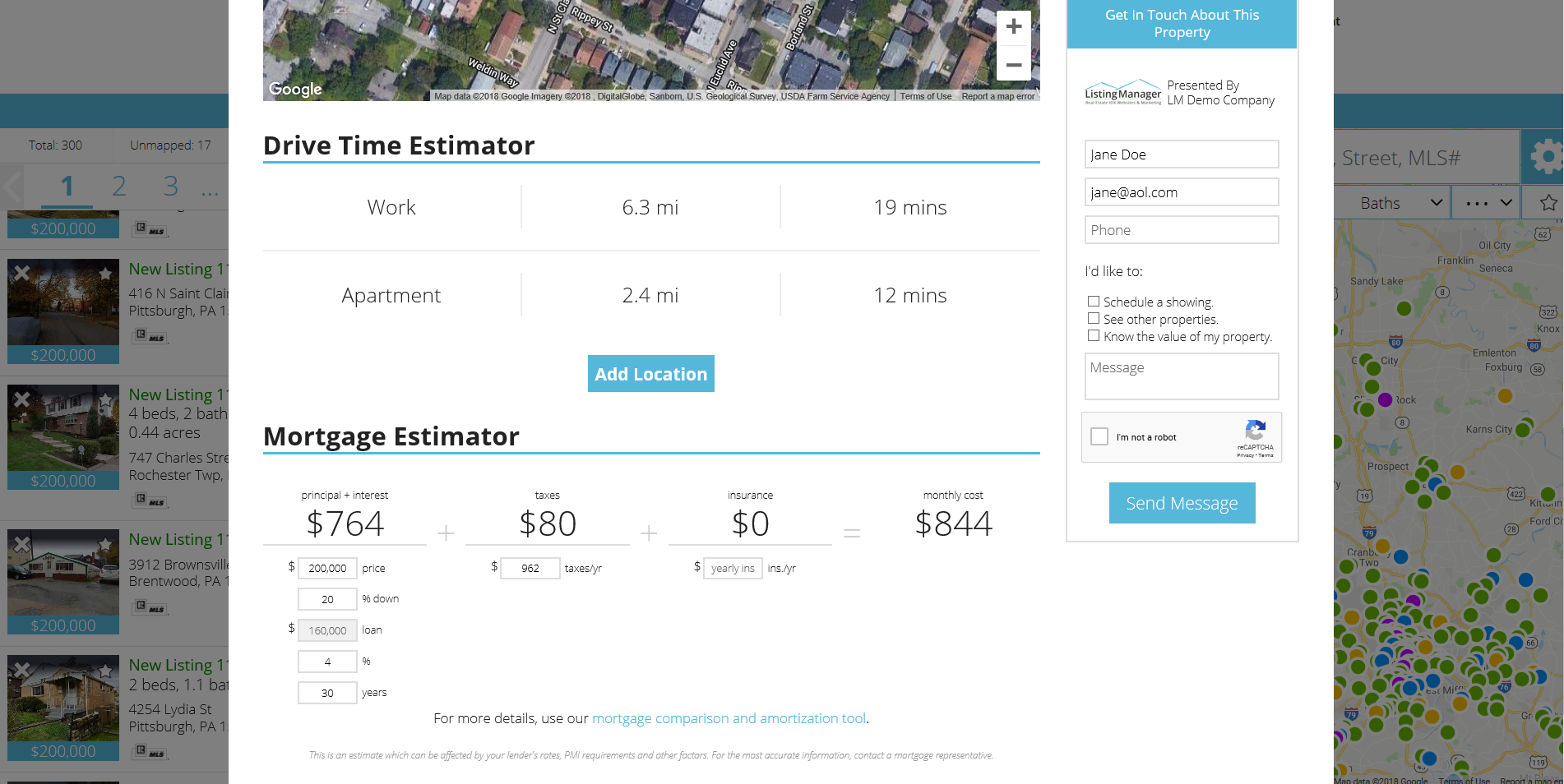 Listing Manager drive time and mortgage estimator section