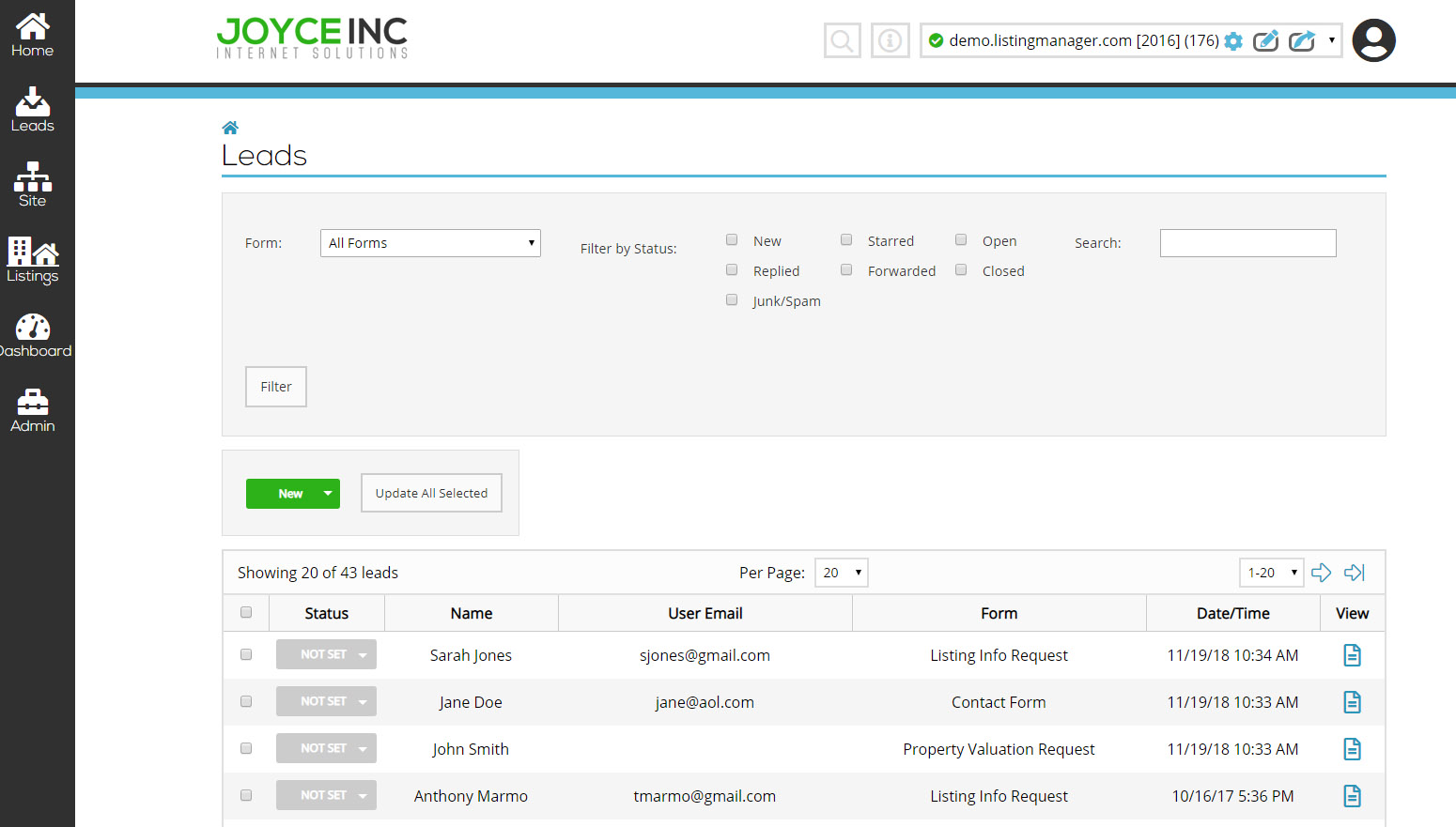 Listing Manager Control Panel leads page