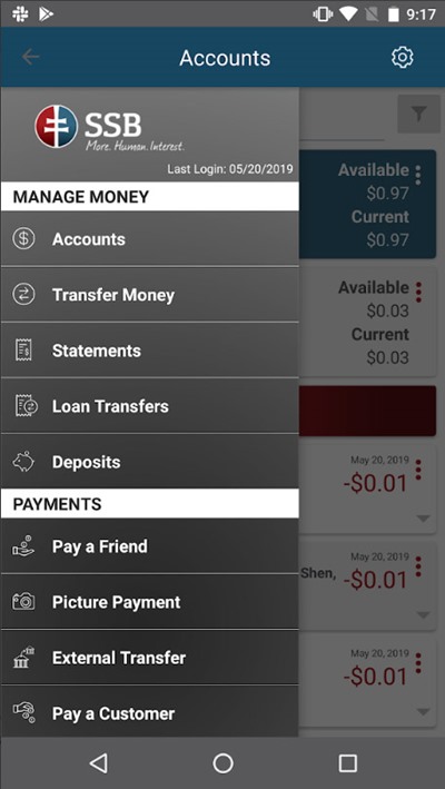 ssb mobile banking app menu options screen