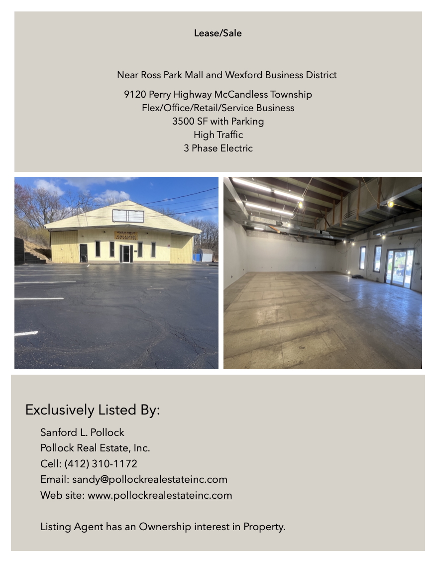 Sale/Lease Perry Hwy North Hills  - Great Building located on Perry Hwy at Cumberland Rd. 3,500 SF Bldg  with parking. 3 P...