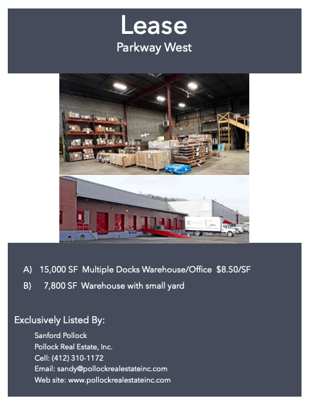 Warehouse Lease Parkway West  - Warehouse Parkway West 7,800 SF &amp; 15,000 SF with Office.  Loading Docks. Sanford Pollo...