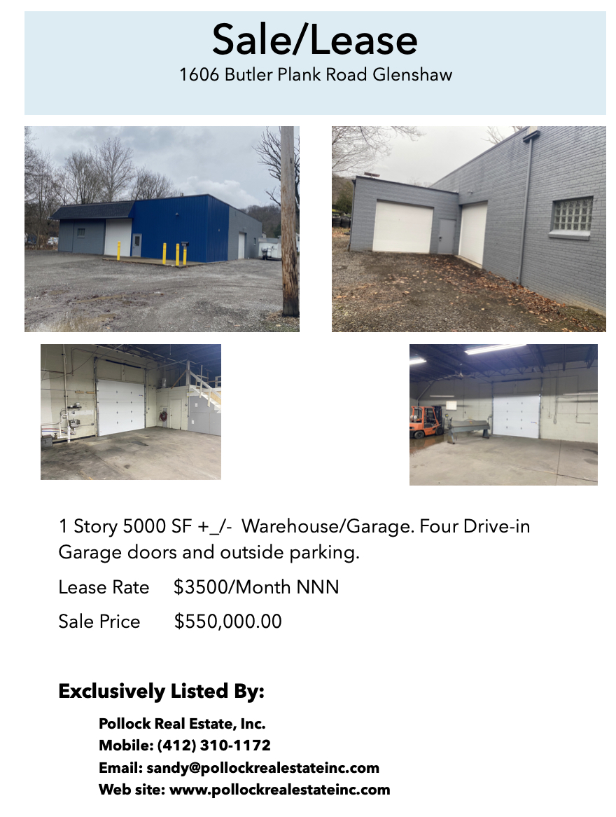 Drive-in Warehouse Sale/Lease - Sale/Lease Drive-In Garage Building just listed. Off Route 8 Glenshaw. 5000 SF with 4 gara...