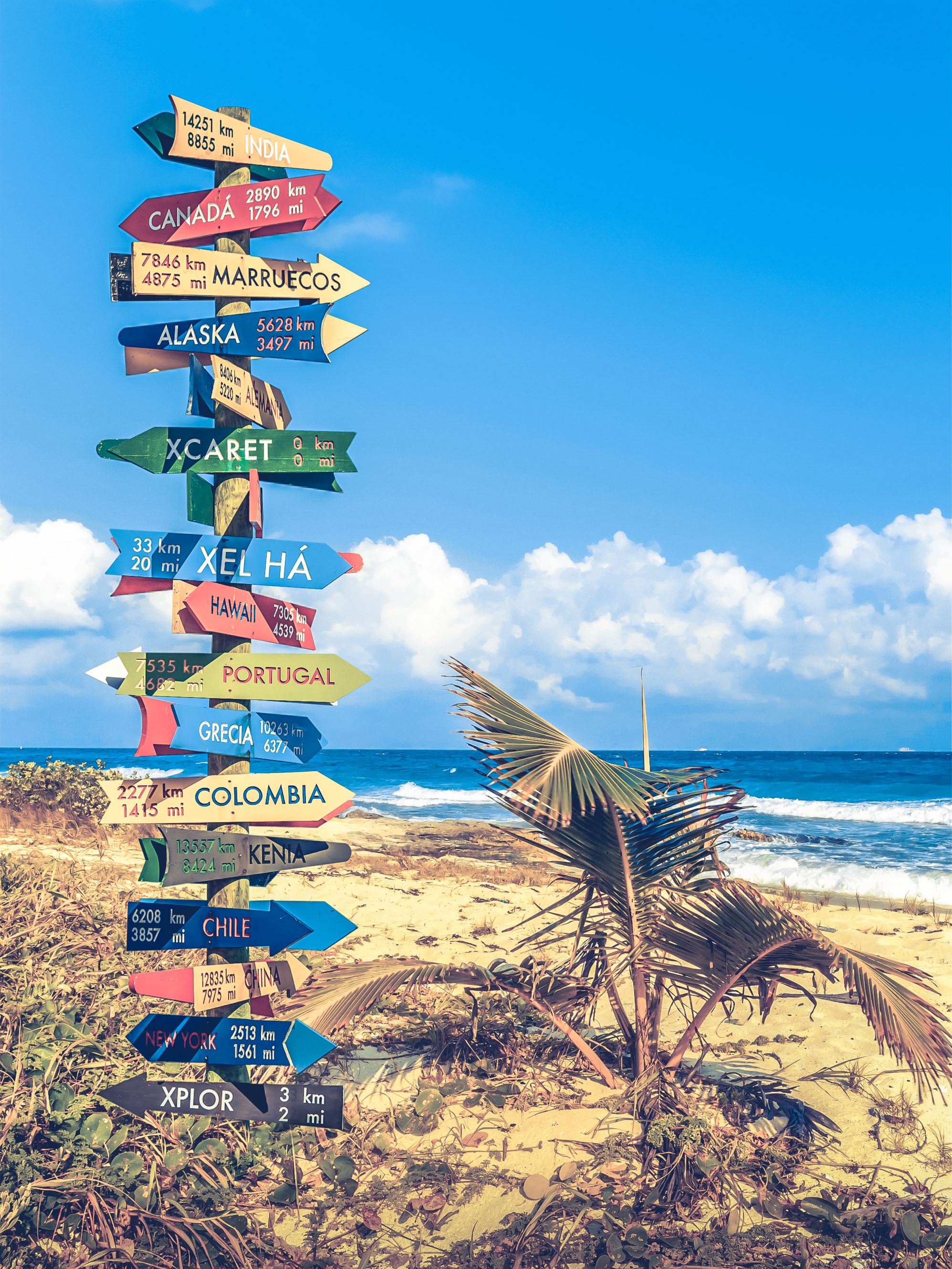 direction pole with signs for countries and cities on a beach