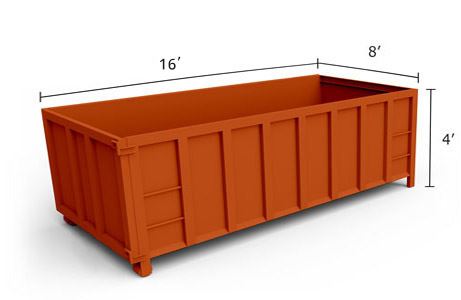 15-yard roll-off dumpster measuring 16 feet wide and 4 feet tall.