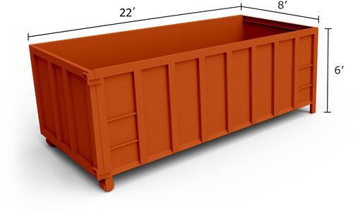 30-yard roll-off dumpster measuring 22 feet wide and 6 feet tall.